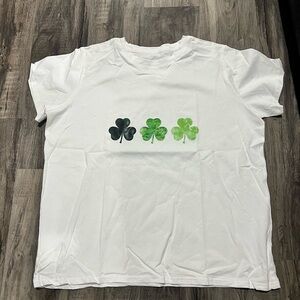 NWT White Shirt with Green Clover Design let the shennanigana begin